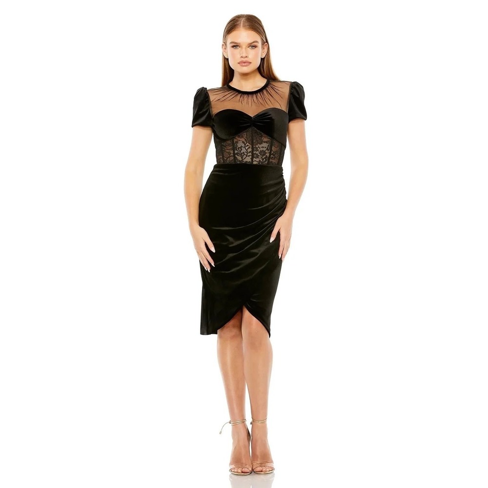 Mac Duggal 20742 Black Velvet Lace Mesh Corset Midi Cocktail Dress Womens
